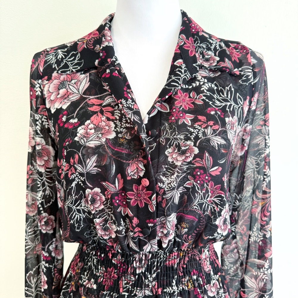 MISA MAYLI BLACK PINK WHITE FLORAL PRINT LONG SLEEVE COLLARED BUTTON UP DRESS - Picture 5 of 17